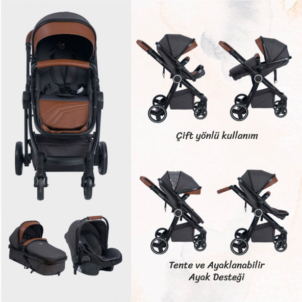 Biddy Pitty Oro Hafif Travel Sistem Anakucaklı Bebek Arabası Dark Pearl - 3