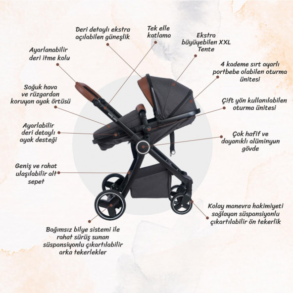 Biddy Pitty Oro Hafif Travel Sistem Anakucaklı Bebek Arabası Dark Pearl - 4