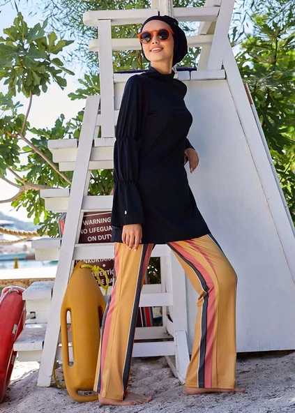Tesettür Mayo- Tek Pantalon - Taba Çizgili - 3