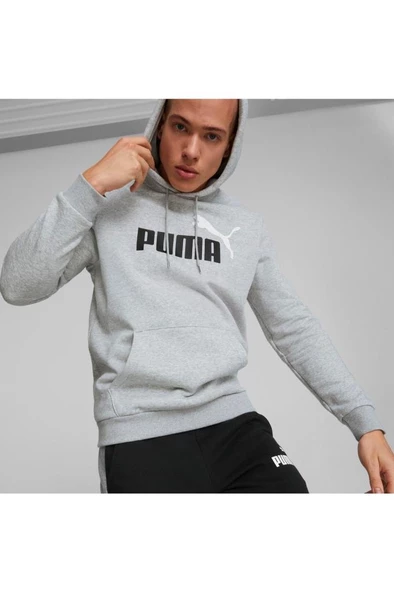 Puma Ess+ 2 Col Big Logo Hoodie FL Erkek Sweatshirt Gri - 3