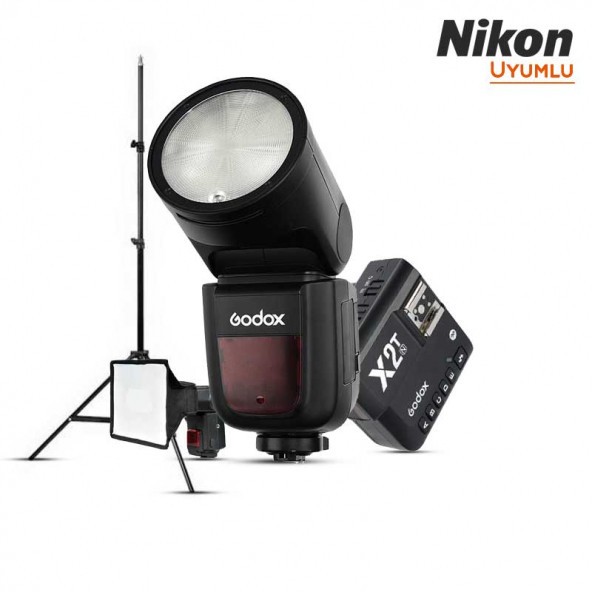 Godox V1 Nikon Flaş Full Set (Flaş, Tetikleyici, Softbox, Tripod)