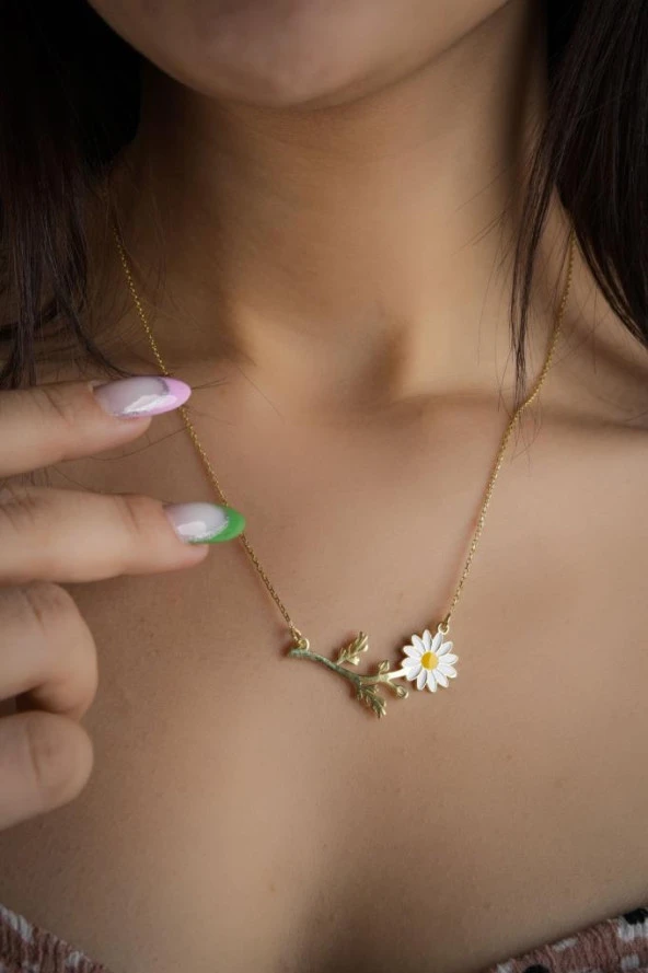 Gold Renk Papatya Model Gümüş Kolye - 5