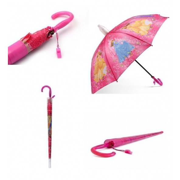 Bardaklı Düdüklü Kız Çocuk Şemsiye 8 Telli Yarı Otomatik Mekanizma Pembe