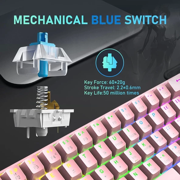 Blic T60 Pembe Blue Switch Türkçe Q Gaming Typ-C Oyuncu Klavyesi - 3