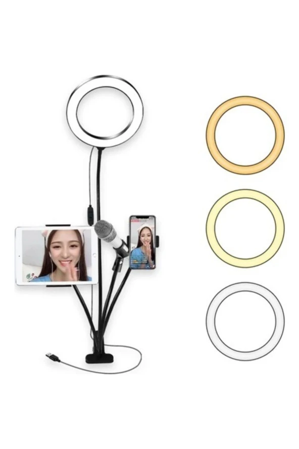 Ring Light Led 6'' Masa Lambası Masa Üstü Tablet ve Telefon Tutucu Mikrofon Tutuculu 4 In 1 Set