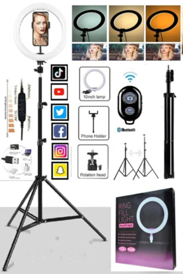 Kumandalı Youtuber Tiktok Çekim Işıklı Telefon Tutucu Makyaj Işığı Ring Light 10 Inç + 2.1 M Tripod