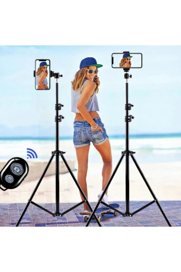 Bluetoot Kumandalı Tripod 2.1 Mt 360 Döner Başlıklı Telefon Tutucu Ring Light Stüdyo Lamba Ayağı