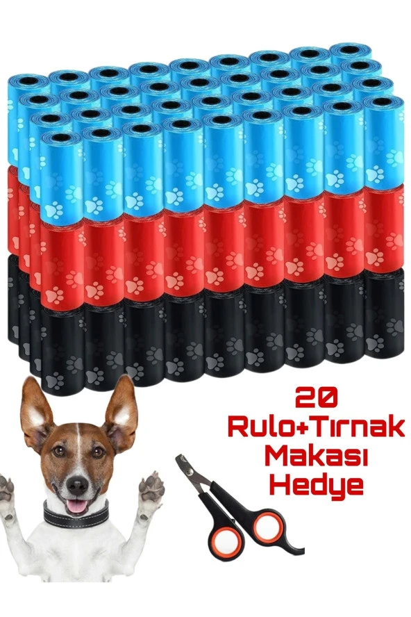 20 Rulo Köpek Kaka Poşeti Eko Set Kedi 300 Dışkı Torbası Içerir Evcil Hayvan Tırnak Makası Hediye