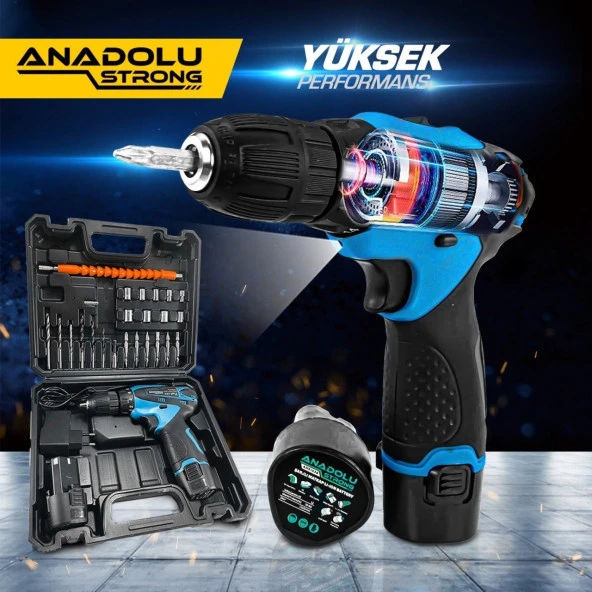 AnadoluStrong ANS1062M 12V Çift Akülü Şarjlı Matkap Li-ion Bataryalı 27 Parça Hediyeli Matkap - 7