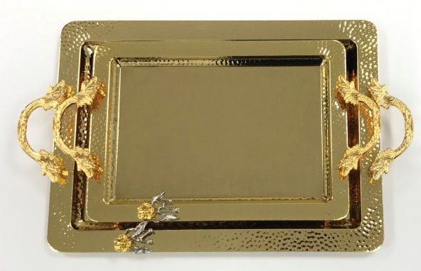 Dalgıç Gümüş 2 li Tepsi Set Dikdörtgen Dövme Altın Renk - 2