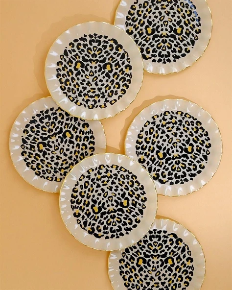 Glore Leopar Wavy Altın Yaldızlı 6 Kişilik Cam Pasta Tabağı Takımı 25098 - Resim 2