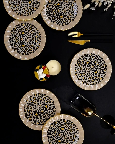 Glore Leopar Wavy Altın Yaldızlı 6 Kişilik Cam Pasta Tabağı Takımı 25098 - Resim 3