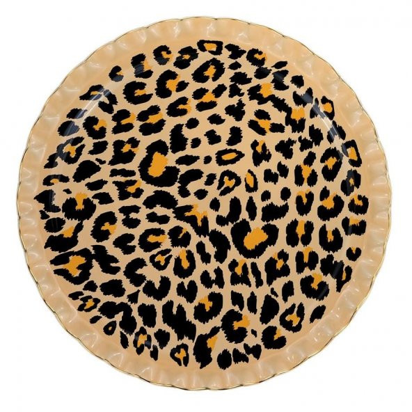 Glore Leopar Wavy Altın Yaldızlı Cam Tepsi 31 cm 27098