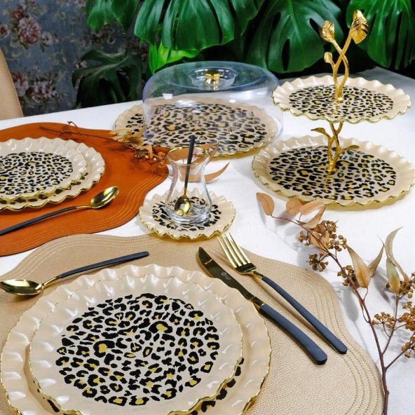 Glore Leopar Wavy Altın Yaldızlı Cam Tepsi 31 cm 27098 - 3