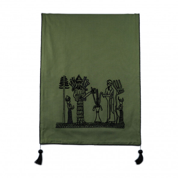 Yeşil Keten Kumaş Figür Motifli Dikdörtgen Örtü