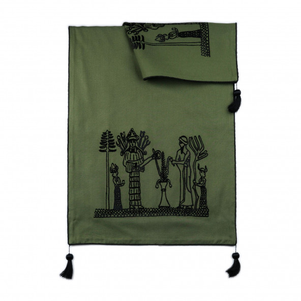 Yeşil Keten Kumaş Figür Motifli Dikdörtgen Örtü - 2