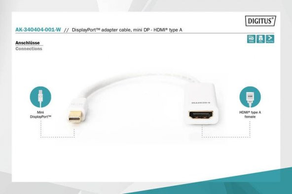 DIGITUS AK-340404-001-W MİNİ DISPLAYPORT => HDMI ÇEVİRİCİ / 0,15m - 5