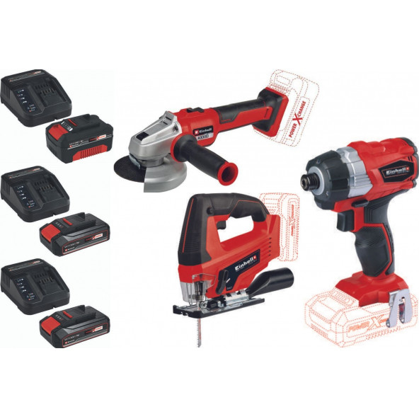 Einhell TE-CI 18 BL Vidalama Axxio 18/115 Q Avuç Taşlama TC-JS 18 li Dekupaj 2x2.5ah+4.0ah Akülü Set