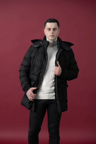 SİR KAPŞONLU (KAPŞON ÇIKMALI ) ŞİŞME ERKEK KABAN - 9