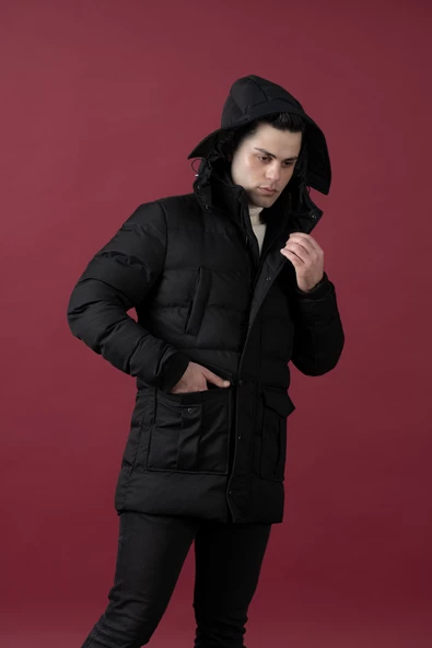 SİR KAPŞONLU (KAPŞON ÇIKMALI ) ŞİŞME ERKEK KABAN - 11