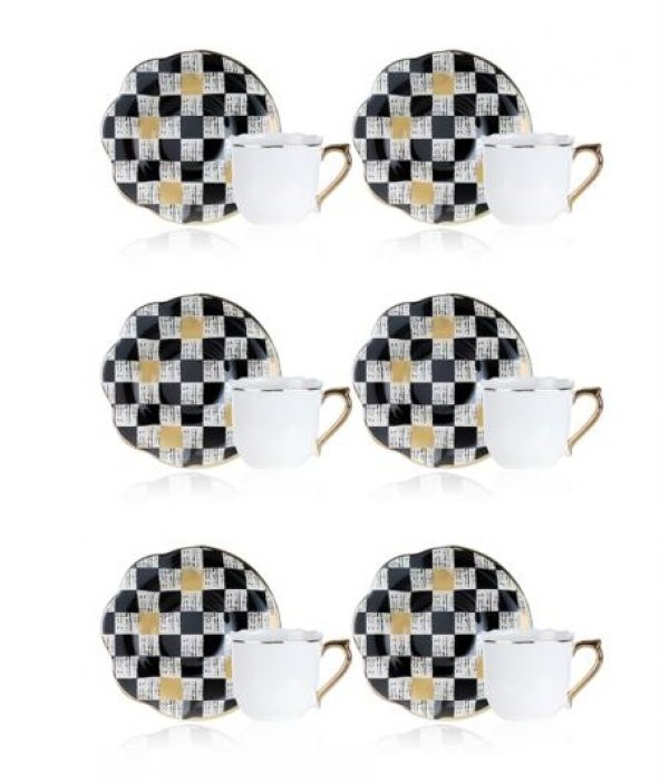 Acar 276 Enzo Chess 6 Kişilik Cam Tabaklı Porselen Kahve Fincanı Takımı - 2
