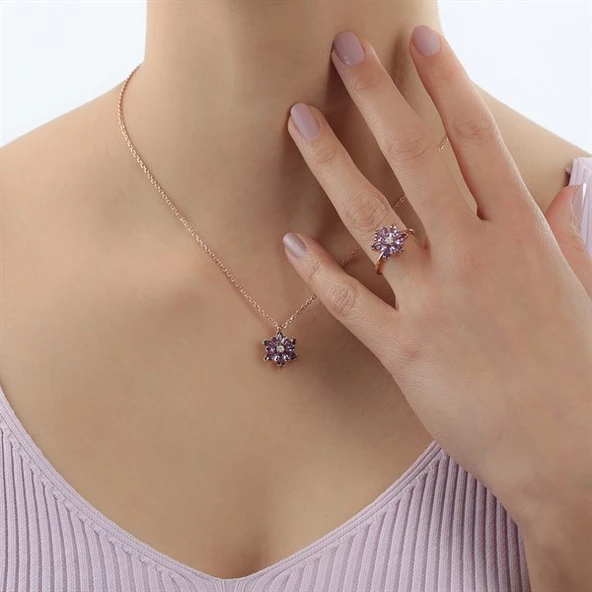 Gümüş Mor Taşlı Lotus Çiçeği Kolye Yüzük Mini Set