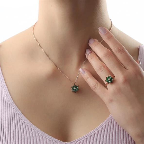 Gümüş Yeşil Taşlı Lotus Çiçeği Kolye Yüzük Mini Set - 1