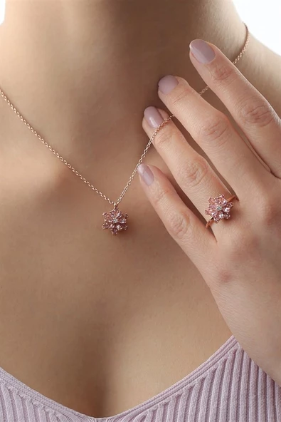 Gümüş Pembe Taşlı Lotus Çiçeği Kolye Yüzük Mini Set - 1
