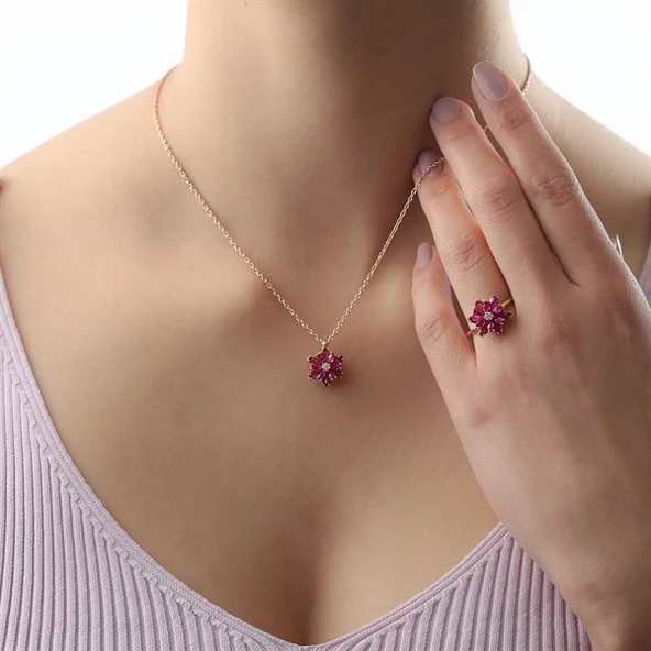 Gümüş Pembe Taşlı Lotus Çiçeği Kolye Yüzük Mini Set