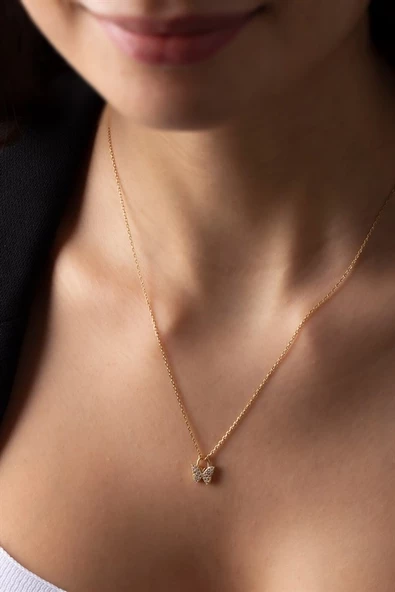 Gümüş Minimal Taşlı Kelebek Kolye ürün görseli 1