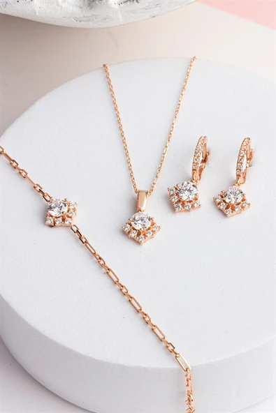 Gümüş Yuvarlak Taşlı Kolye Küpe Bileklik Set