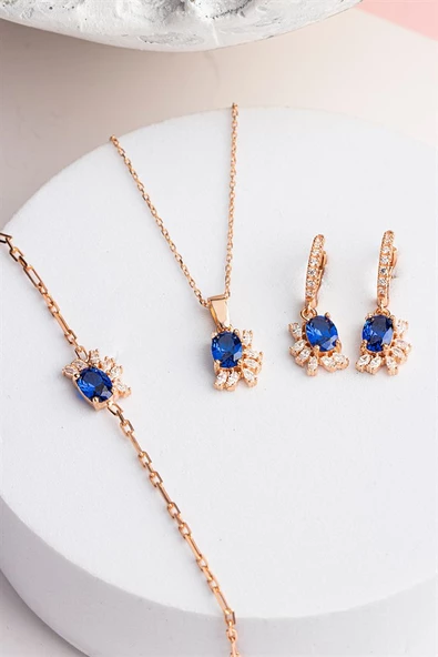 Gümüş Oval Safir Taşlı Kolye Küpe Bileklik Set