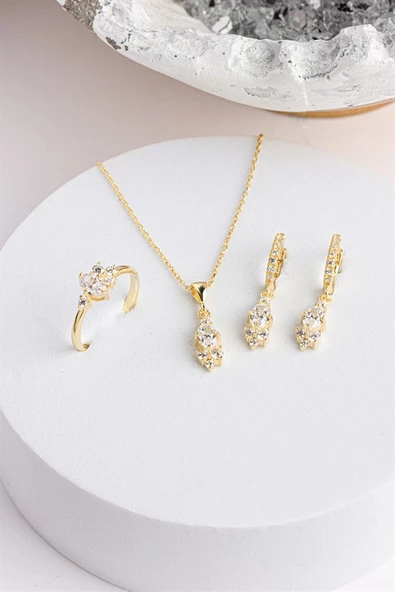 Gümüş Oval Taşlı Kolye Küpe Yüzük Set