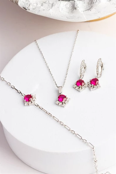Gümüş Yuvarlak Yakut Taşlı Kolye Küpe Bileklik Set - 1