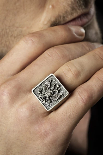 Gümüş Çift Başlı Kartal Figürlü Erkek Yüzük ürün görseli 1