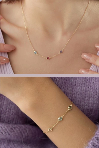 925 Ayar Gümüş Renkli Taşlı Kolye Bileklik Mini Set