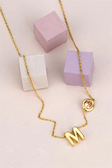 925 Ayar Gümüş Harf Doğum Taşlı kolye ürün görseli 1