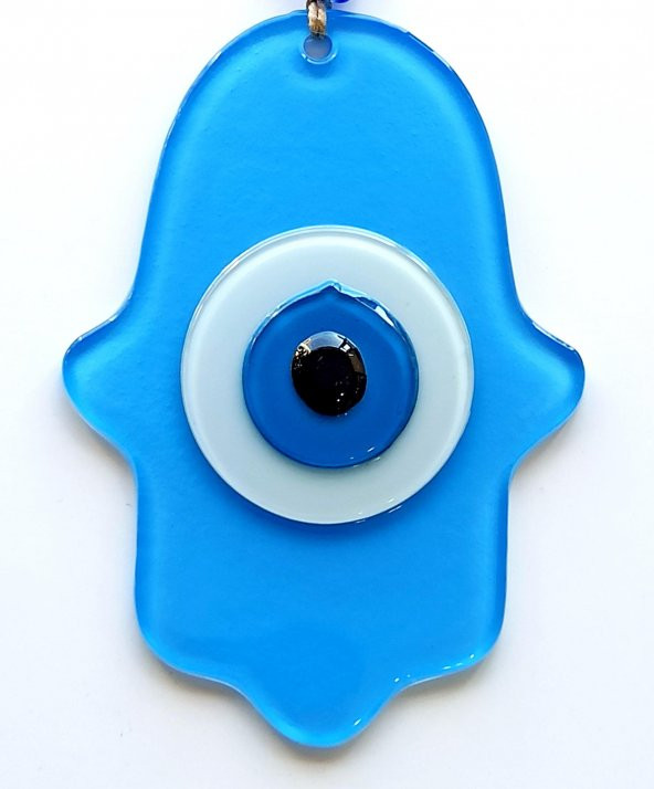 Nazar Boncuklu Bebek Mavisi Renginde Fatma Ana Bereket Eli Cam Duvar Süsü ürün görseli