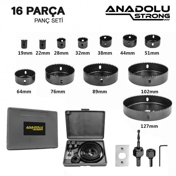 AnadoluStrong16 Parça Büyük Boy Panç Seti Ahşap Buat Kartonpiyer Alçıpan Delik Açma Oyuk Açma - 2