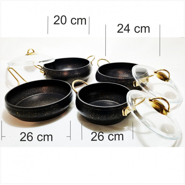 Döküm Granit Kaplama Yanmaz Yapışmaz Cam Kapaklı Tencere Seti - 3