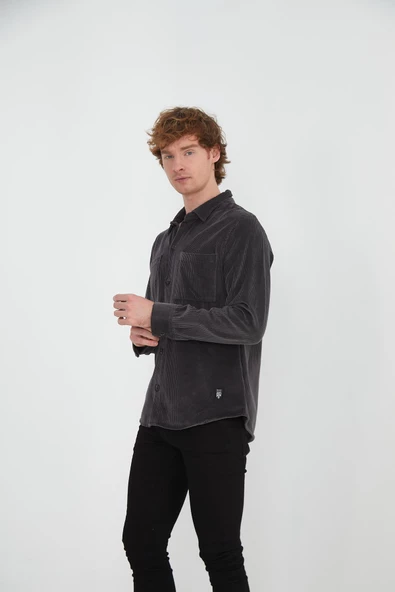 %100 Pamuk Erkek Regular Fit Kadife Düğmeli Çok Cepli Rahat Gömlek - 9