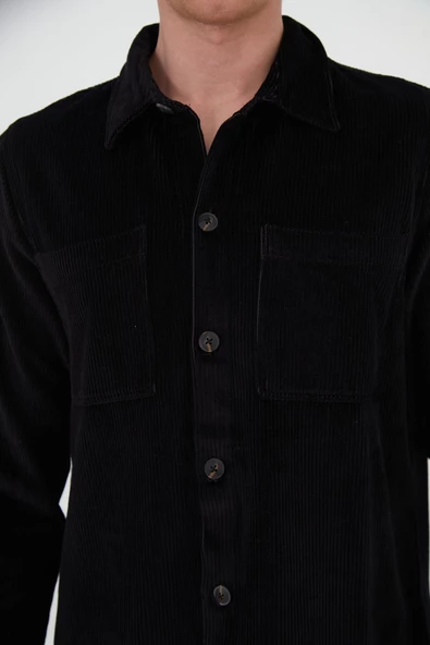 %100 Pamuk Erkek Regular Fit Kadife Düğmeli Çok Cepli Rahat Gömlek - 6