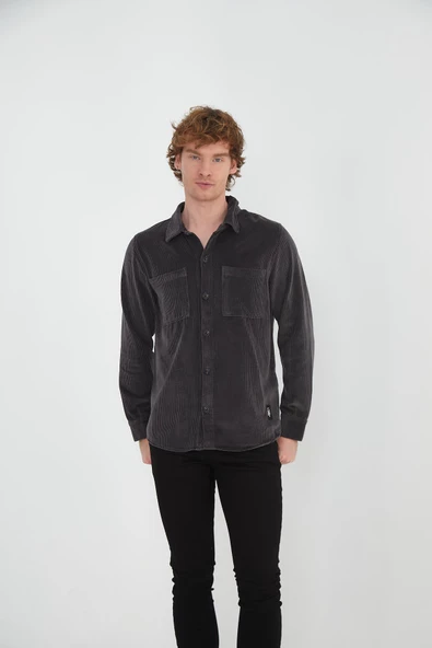 %100 Pamuk Erkek Regular Fit Kadife Düğmeli Çok Cepli Rahat Gömlek - 8