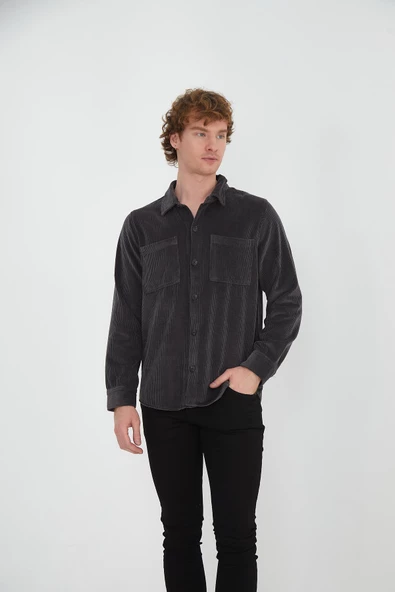 %100 Pamuk Erkek Regular Fit Kadife Düğmeli Çok Cepli Rahat Gömlek - 7