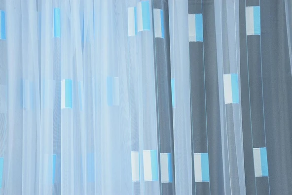 YARIM ORGANZE KARELİ MAVİ MODEL BEYAZ RENK TEK KANAT Hazır dikilmiş Pileli Fon Perde 300*260 cm - Resim 2