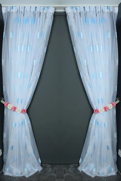 YARIM ORGANZE KARELİ MAVİ MODEL BEYAZ RENK TEK KANAT Hazır dikilmiş Pileli Fon Perde 300*260 cm - Resim 6