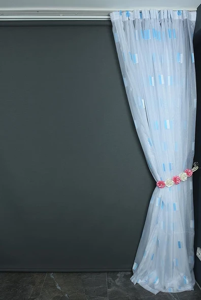 YARIM ORGANZE KARELİ MAVİ MODEL BEYAZ RENK TEK KANAT Hazır dikilmiş Pileli Fon Perde 300*260 cm - Resim 5