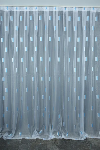 YARIM ORGANZE KARELİ MAVİ MODEL BEYAZ RENK TEK KANAT Hazır dikilmiş Pileli Fon Perde 300*260 cm ürün görseli 1