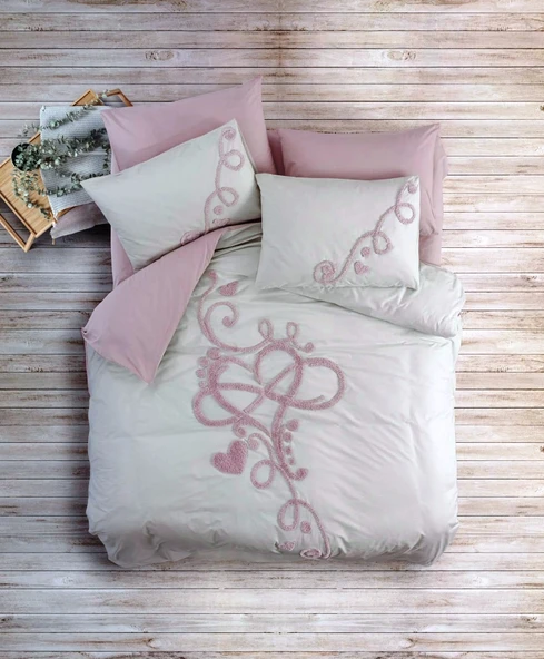 Cotton Box Puff Nakışlı Çift Kişilik Nevresim Takımı-Bellini Pembe