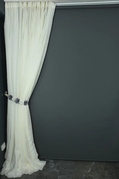 KETEN MODEL KREM RENK TEK KANAT Hazır dikilmiş Pileli Fon Perde 300*260 cm - Resim 4